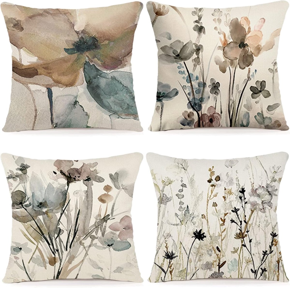 Thijox - Set van 4 Bloemen Kussenhoezen 60x60 cm - Moderne Aquarel Bloemen - Linnen Sierkussens voor Bank, Slaapkamer en Tuin - Abstracte Decoratie vo