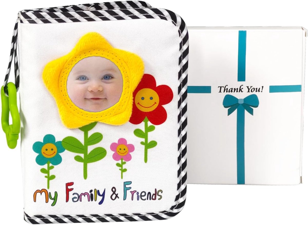 SnelShoppen - Baby Foto Album Soft Fabric - Baby Memory Book voor 18 Foto's met Veilige Baby Spiegel en Zonnebloem Cadeauset voor Nieuwegeborenen