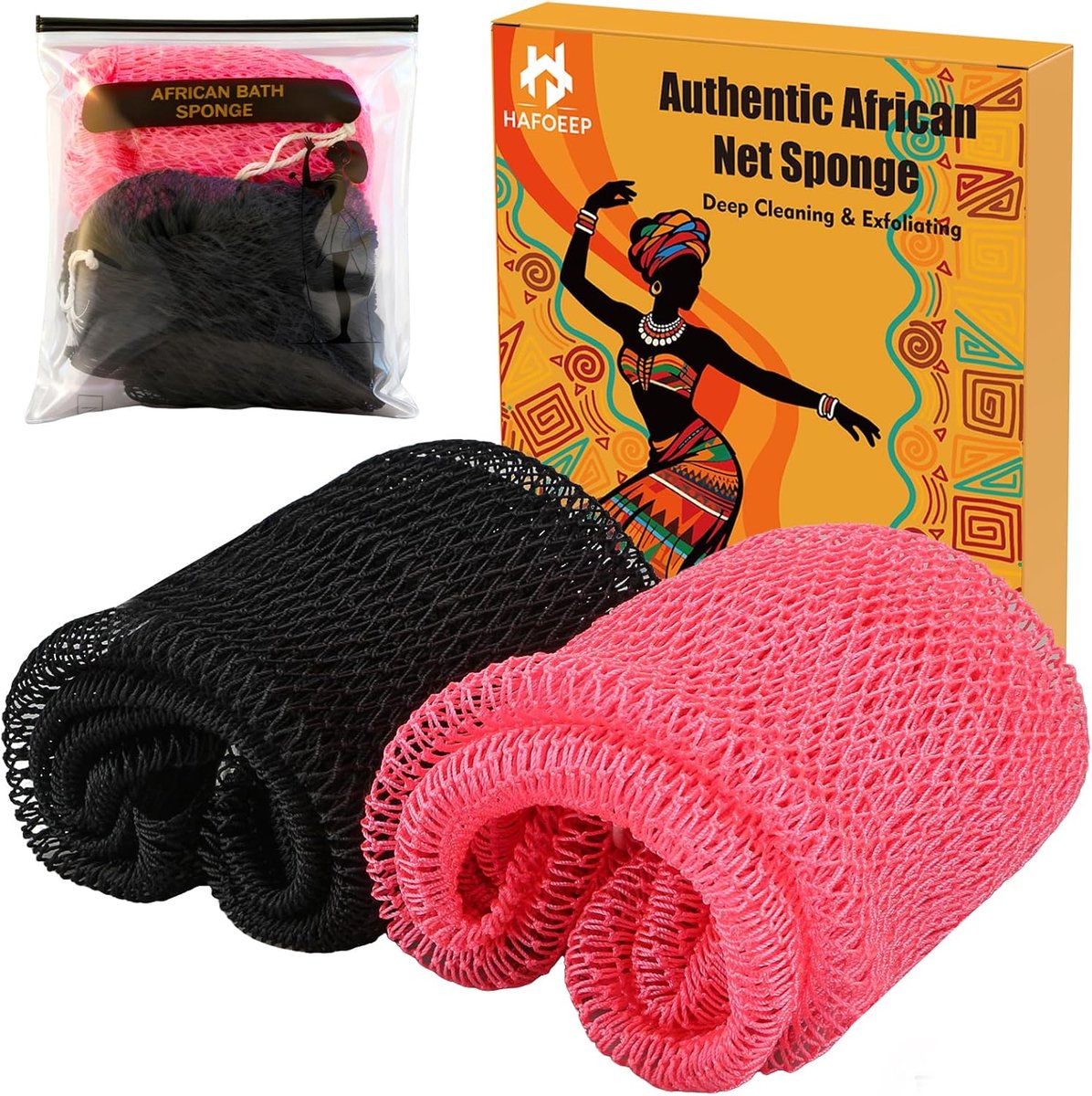 SnelShoppen - 2 stuks Afrikaanse net spons Authentic met knopen, Luffa bad spons, lichaamsscrub spons voor rug peeling & douche, duurzaam en sterk