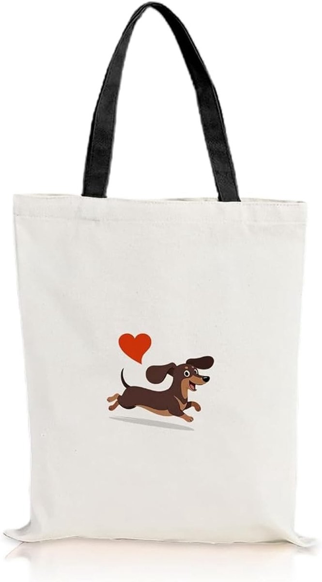 Canvas tas met teckel motief en hart - herbruikbaar, ideaal voor winkelen, cadeau voor teckelliefhebbers, geschikt voor mannen en vrouwen