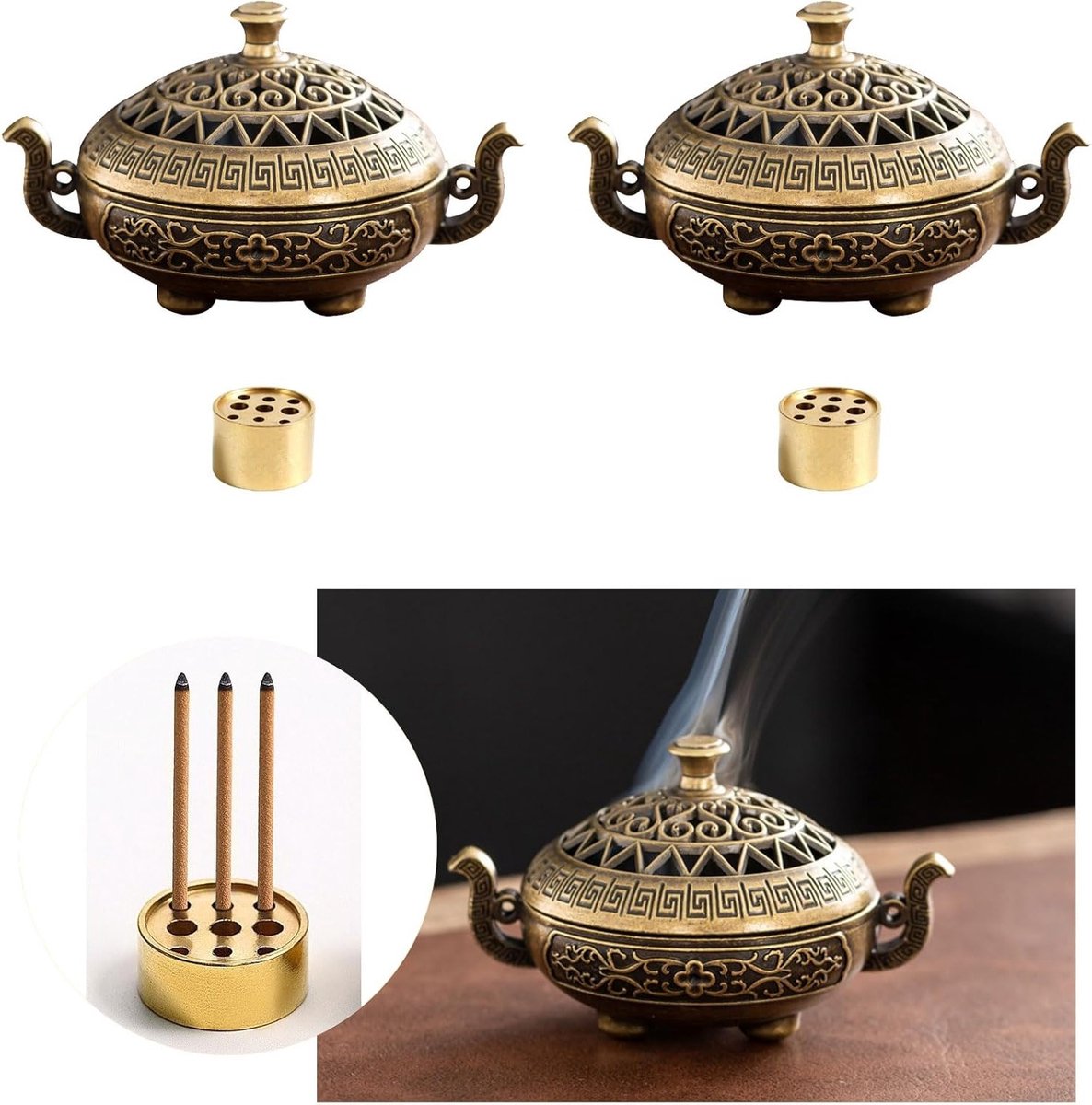 Set van 2 wierookhouders met metalen rookstokhouders en vlamvertragend katoen, 7.5 x 5 x 4.2 cm, perfect voor meditatie en ontspanning
