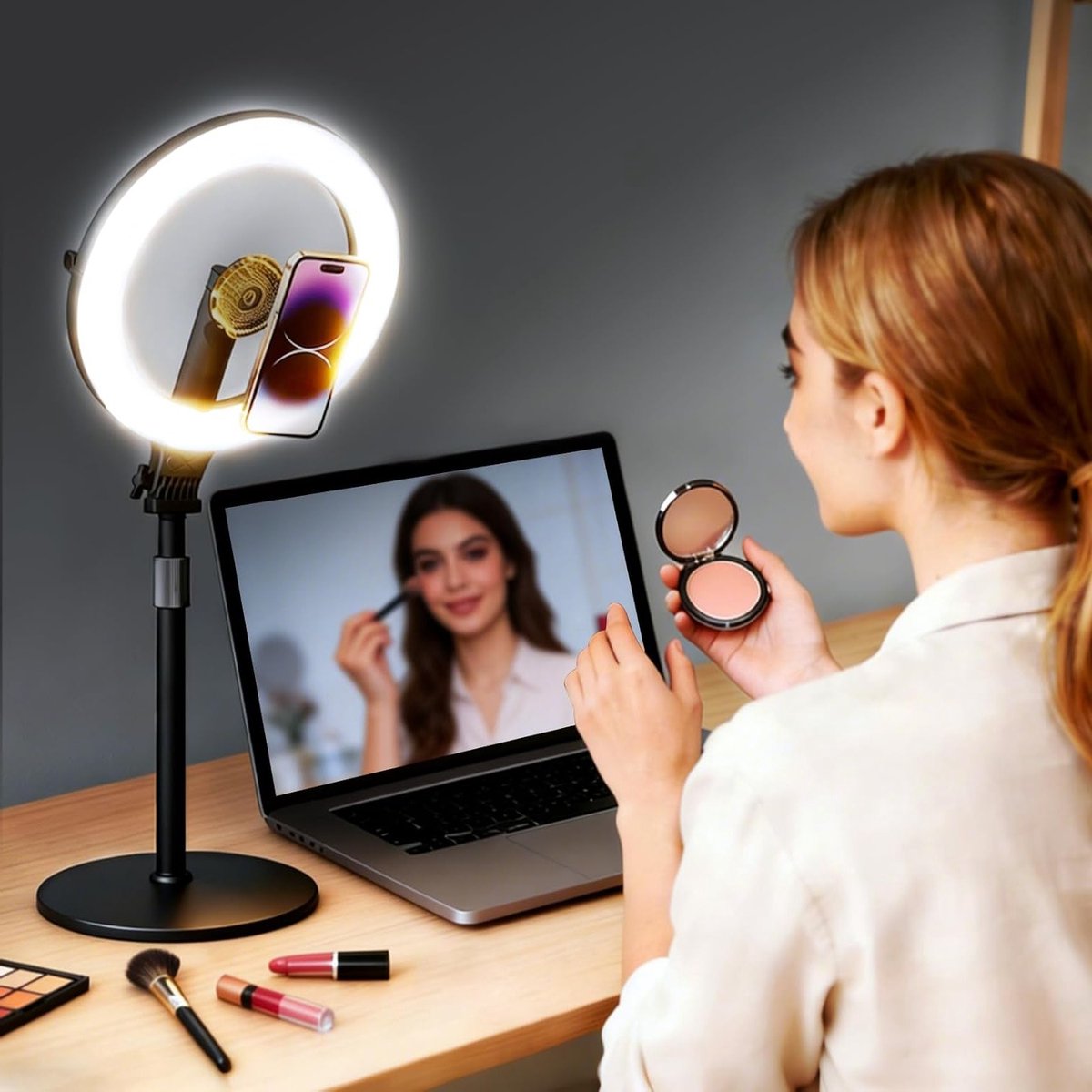 Verstelbare 10" Ringlamp met 120 LEDs, Dimbaar en Oplaadbaar, Ideaal voor Live Streaming, Make-up en Selfies