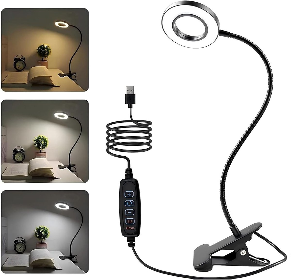 Flexibele bureaulamp met klem, 48 LED's, 3 kleurmodi en 10 helderheidsniveaus voor thuis, kantoor en reizen