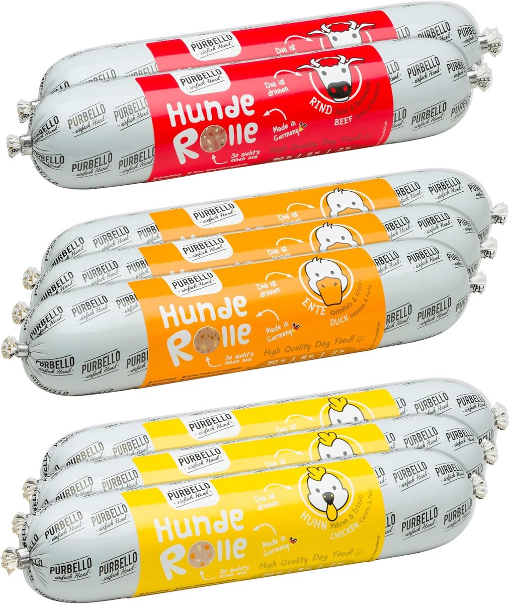 SnelShoppen - Dog Roll Natvoer Mix Pak II - 8 x 400g - 3x Kip, 3x Eend, 2x Rund - Monoproteïne Hondenvoer met Hoog Vleesgehalte - Snijbestendig en Gra