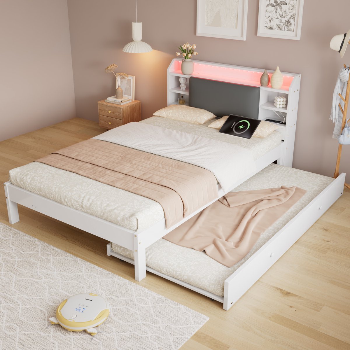 Bed 120x200 cm - Met Uittrekbed 90x190 cm en Gestoffeerd Hoofdbord - Met LED, Opbergvakken en Oplaadpunt - Zonder Matras - Hout - Wit