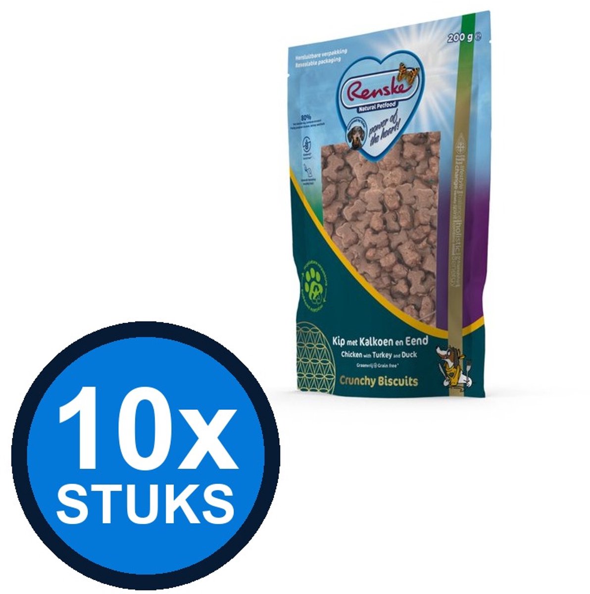 10x Renske - Gezonde beloning hond crunchy kip&kalkoen&eend 200gr - Hondenvoer Snacks - 200 g