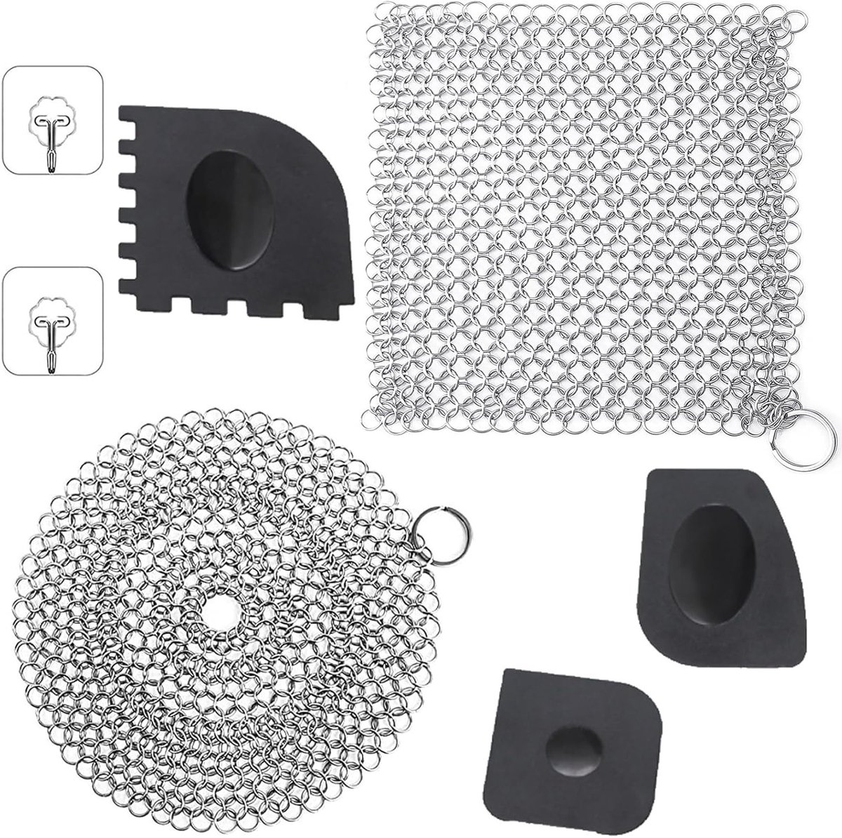 Set van 2 RVS schoonmaakmiddelen voor gietijzeren pannen, inclusief ringreiniger, plastic grillplaner en zelfklevende haken voor het onderhoud van Dutch Oven accessoires en meer.