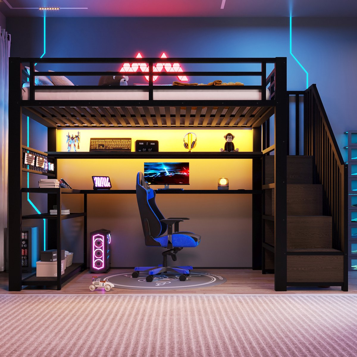 Hoogslaper 90x200 cm - Met Ledverlichting, Bureau en Kledingkast - Met Opbergruimte - Zonder Matras - Metaal en MDF - Zwart