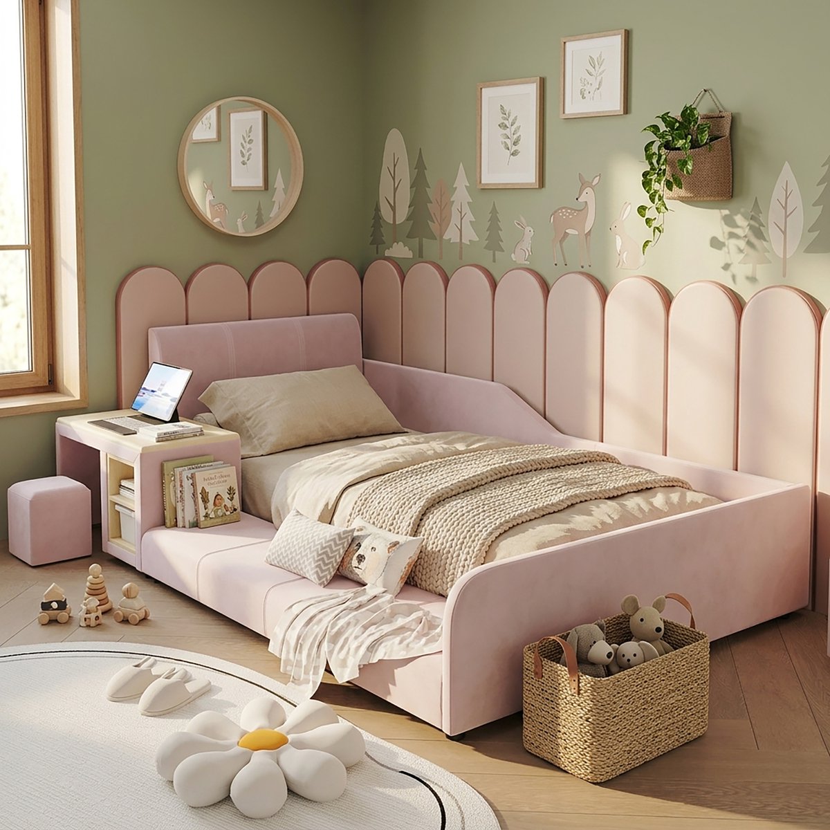 Kinderbed 90x200 cm - Eenpersoonsbed Met Bureau, Hocker en Opbergplank - Zonder matras - Fluwelen Bed Met Lattenbodem - Roze