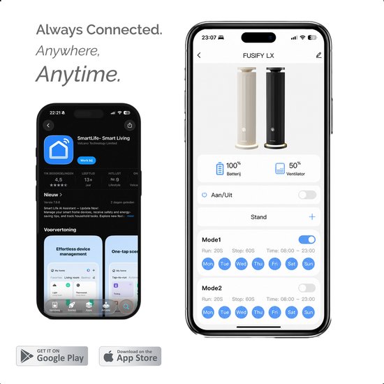 Screenshots van de Smart-App met de opties voor de diffuser, met beige en zwarte opties.