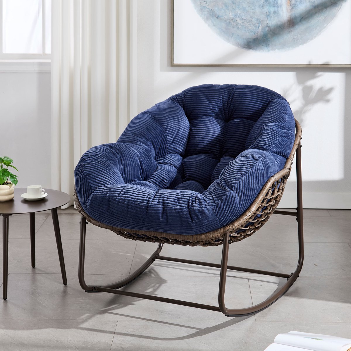 Intebiki fauteuil - schommelstoel tuin buiten - loungestoel - rotan tuinstoel - geschikt voor balkons, gangen, tuinen, achtertuinen en patio's - blauw