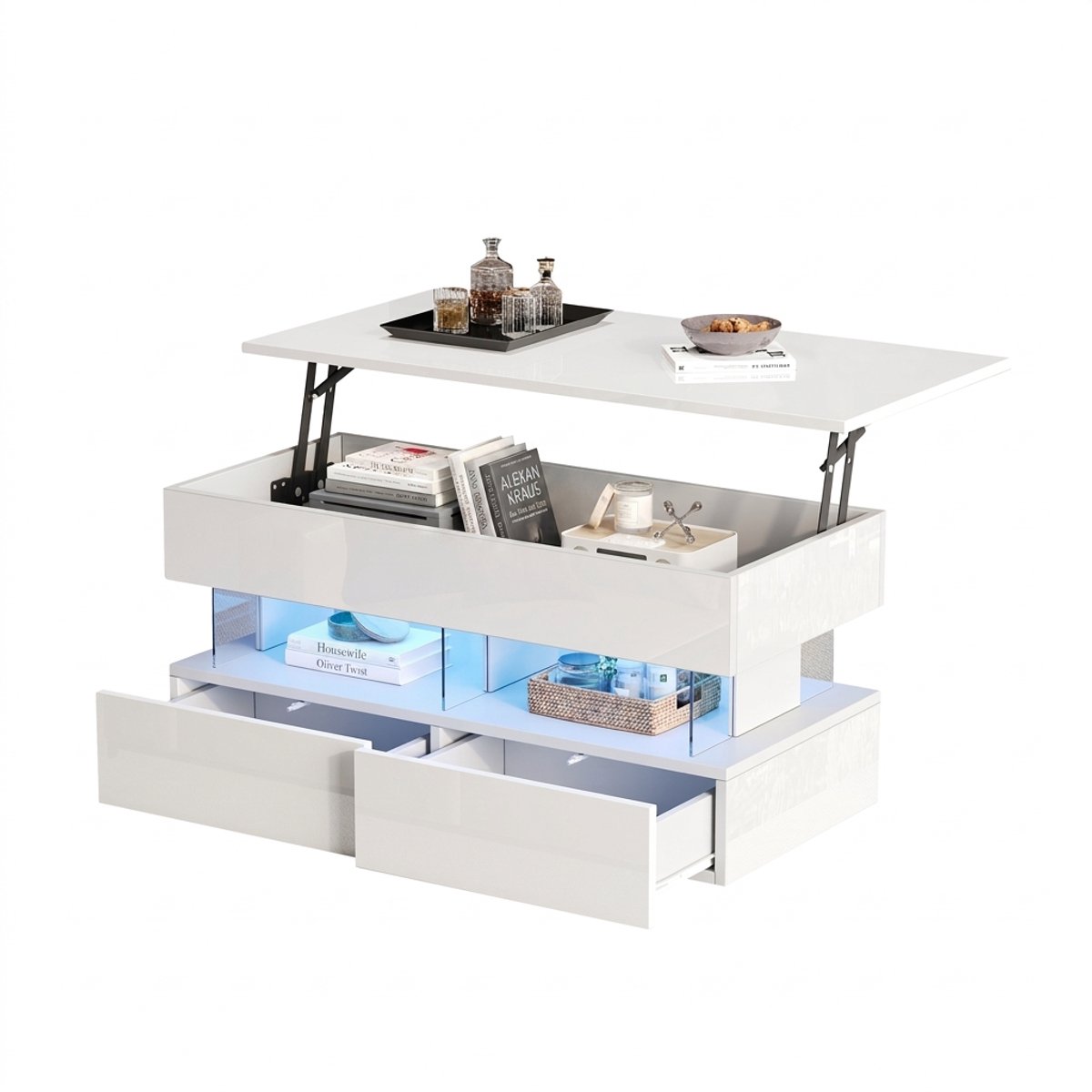 Verstelbare salontafel wit – 100 x 50 x 46 cm – Hoogglans, ledverlichting, 2 laden en verborgen opbergruimte