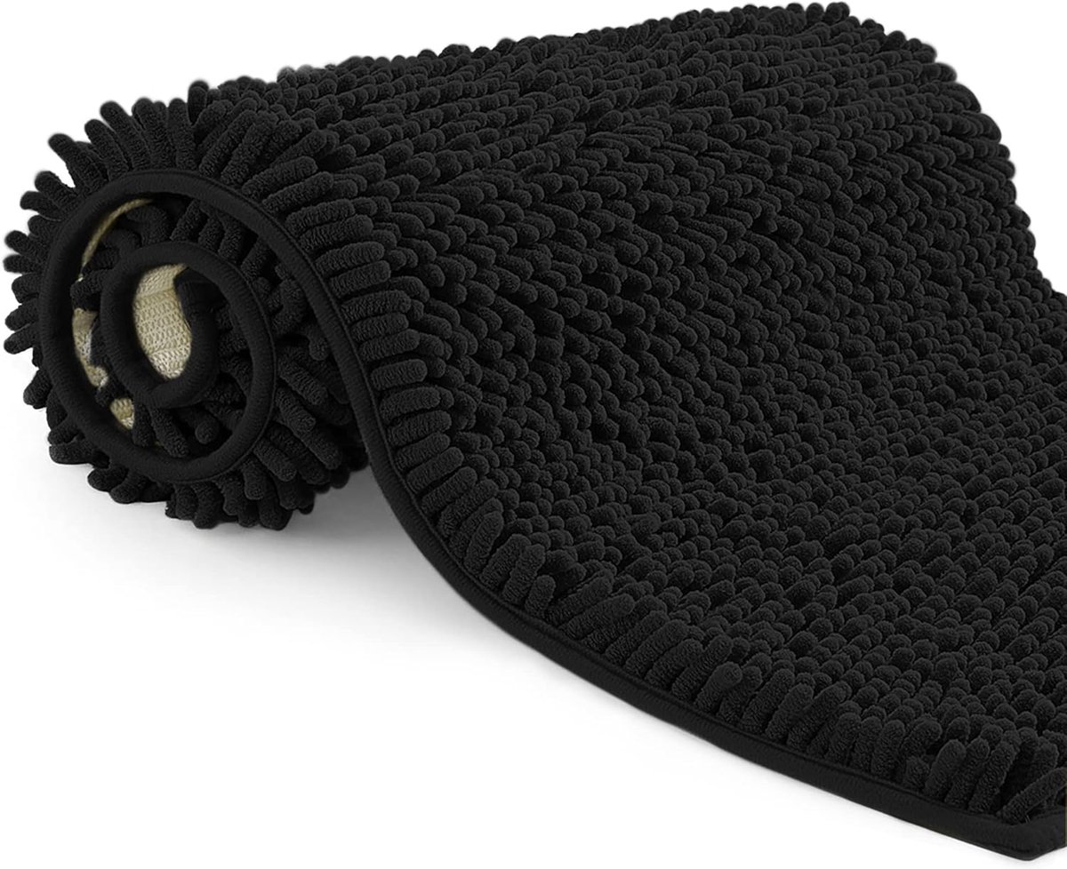 SnelShoppen - Poligono Badmat Antislip, Zachte Badmat, Langharige Badmat, Antislip Badkamer Tapijt, Douche, Bad 50x80cm, Zwart
