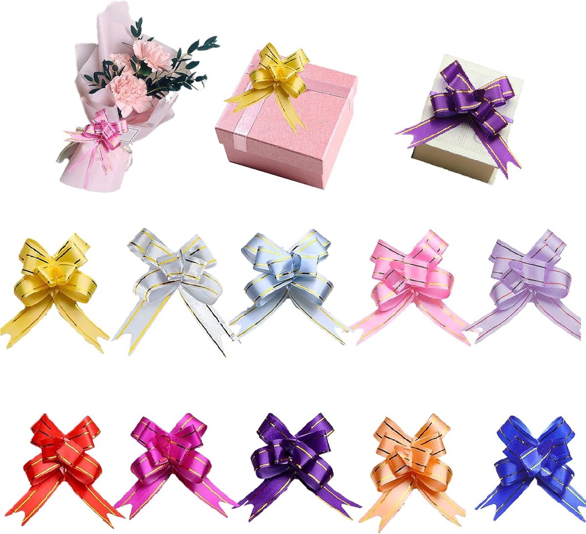 SnelShoppen - 100 Stuks Kerst Ribbons Pull Bowties Cadeau Mand Knopen Versiering voor Feestdagen, Verjaardag, Bruiloft, Assorti Kleuren, 36 cm