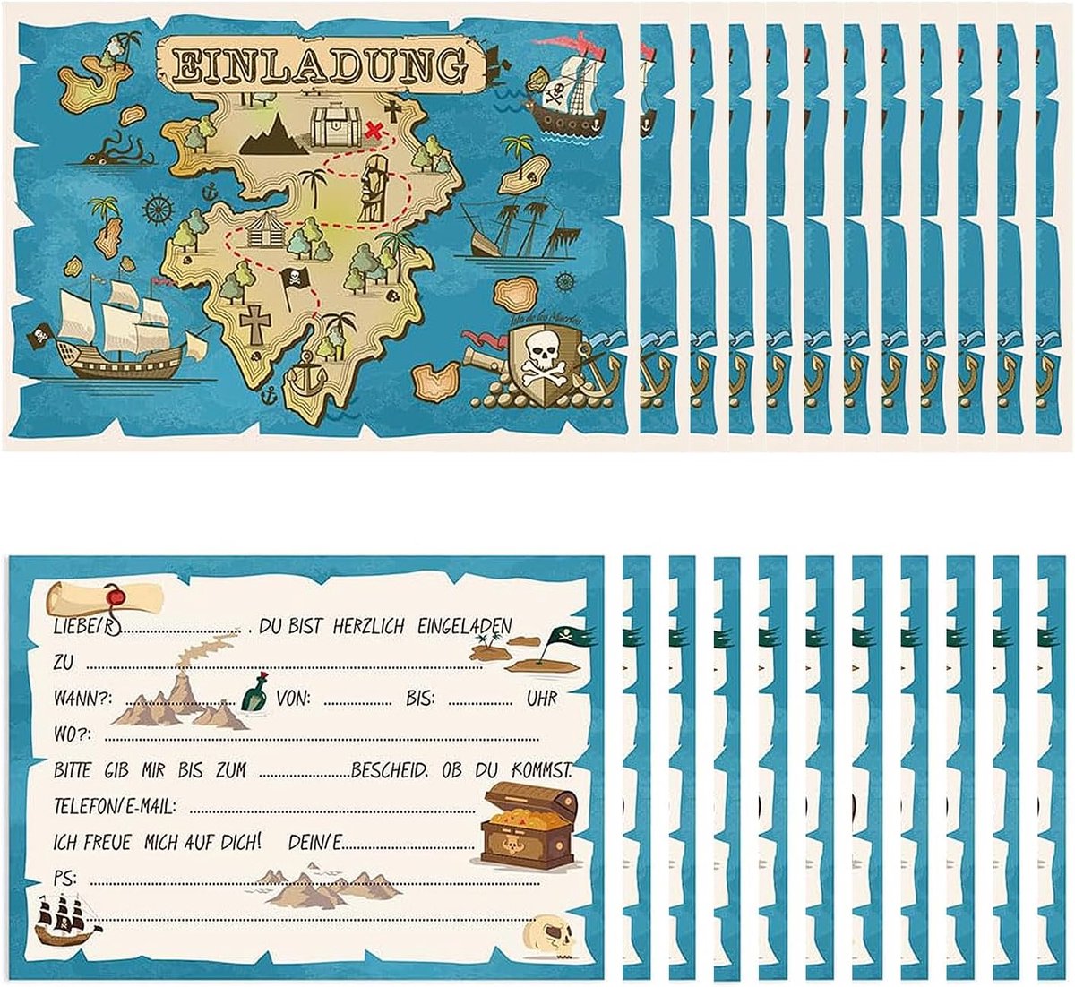 SnelShoppen - 12 Piratenuitnodigingen voor Kinderfeestje, Piratenfeest, Uitnodigingen met Schatkistontwerp voor Jongens en Meisjes, Themafeest, Verjaa