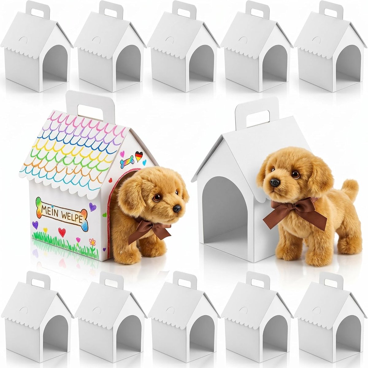 SnelShoppen - 10 Witte Geschenkdoosjes voor Hondenhuisjes - Inklapbare Kartonnen Dozen met Handvat - Feest, Verjaardag, Snackbox - 12x10x18 cm