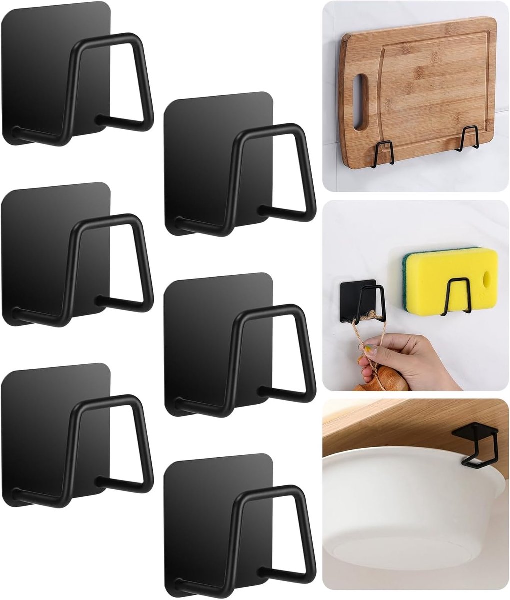 SnelShoppen - Pack van 6 Spons Houders Keuken Organiser zonder Boren RVS Opberghaken Zwart voor Keuken en Badkamer