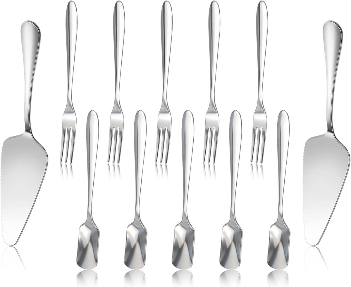 SnelShoppen - 12-delige Taartschep Set van RVS, Taartvorken & IJslepels, Glanzend Zilver Dessertbestek voor Bruiloft, Feest, Keuken, Café - Vaatwasmac