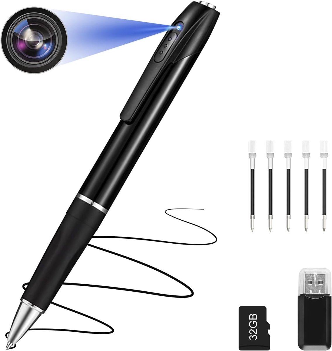 SnelShoppen - Mini Camera 32GB - Draagbare 1080P Beveiligingscamera - Kleine Pen Camera voor Thuis, Kantoor en Zakelijke Vergaderingen met 5 Inktvulli