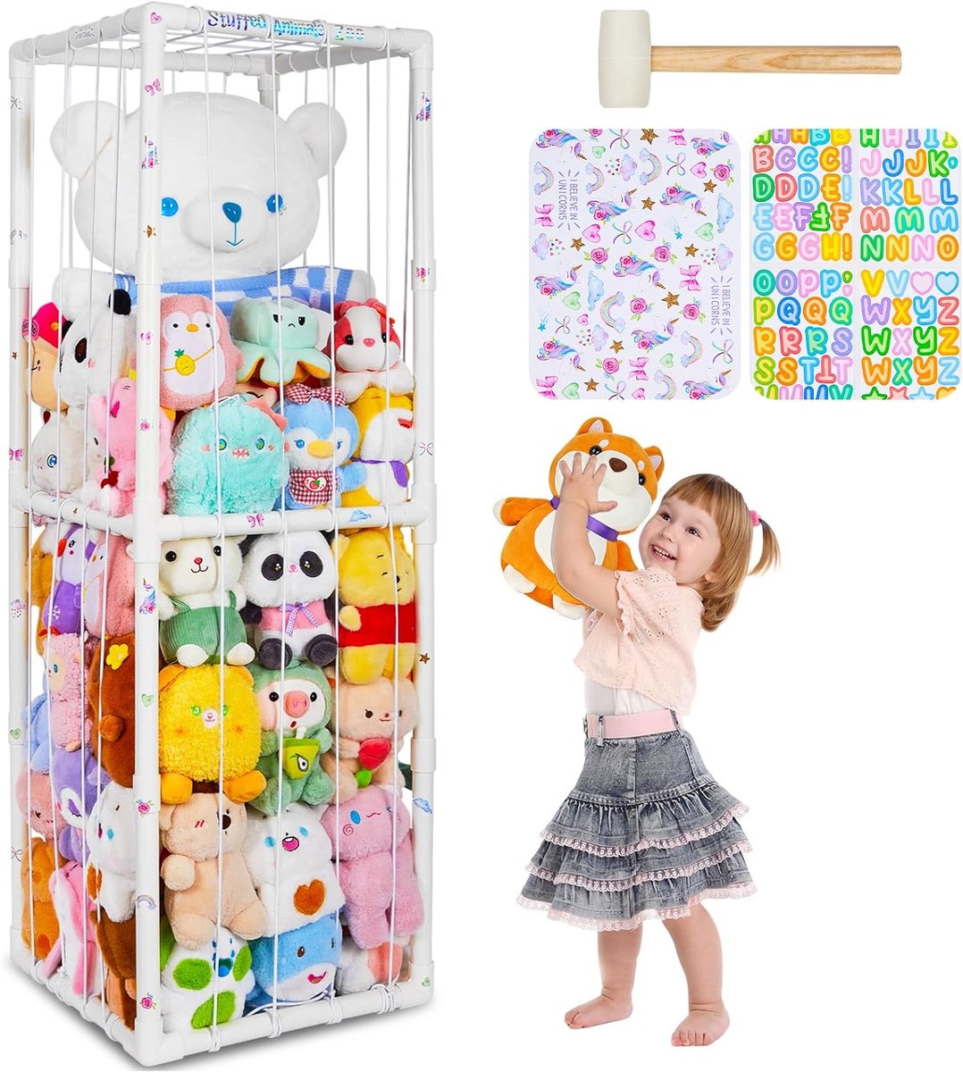 SnelShoppen - Grote Opbergdoos voor Knuffels – Speelgoed Organizer in Kooi Vorm met Elastische Touwen, Verticale Pluche Opbergkast voor Kinderkamer, S