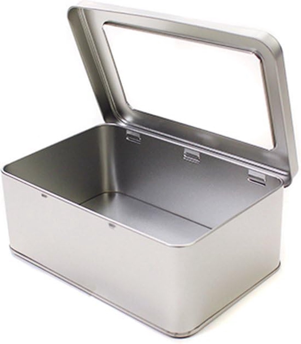 SnelShoppen - Luxe Koekjespot met Raam - Opbergdoos - Rechthoekig - Hinge Deksel - Hoogte 7.5 cm - Lengte 12.7 cm - Breedte 19.2 cm - Zilver - Keuken