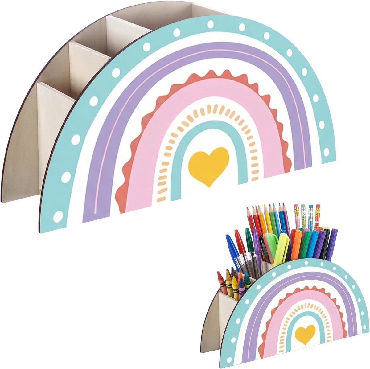 SnelShoppen - Wooden Rainbow Pen Holder Kids Desk Organiser met 5 Compartimenten - Gele Hart - Kindvriendelijk Houten Desk Organizer voor Thuis, Kanto