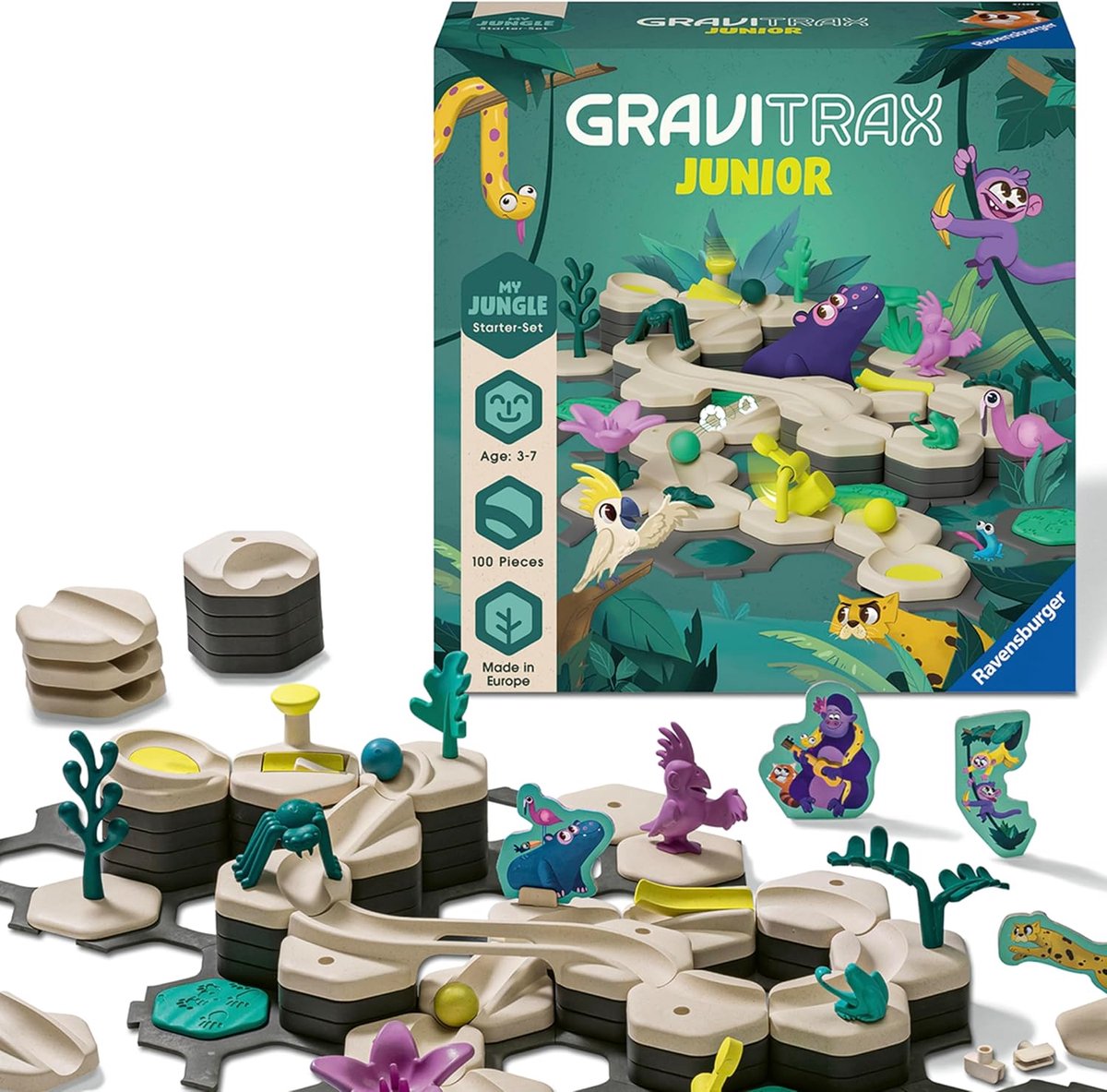 SnelShoppen - GraviTrax Junior Starter Set L Jungle - Marble Track voor Kinderen 3-7 Jaar - Duurzaam Speelgoed met Thema Werelden - Educatief en Creat