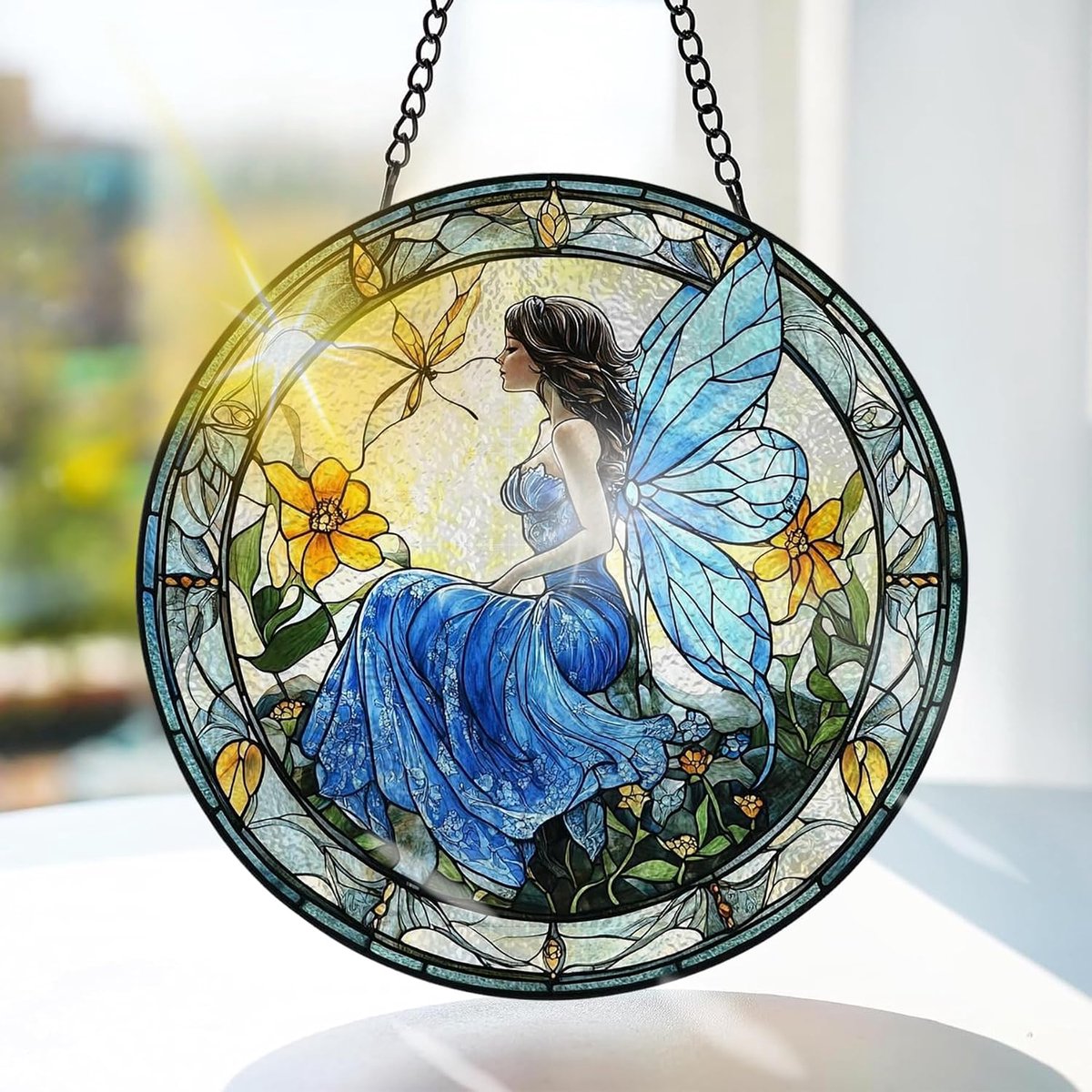 SnelShoppen - Gekleurd Glas Hangend - Bloem Hangende Raamdecoratie 20x20 cm - Handgemaakte Suncatcher voor Tuin, Raam en Deur, Verjaardag Vrouwen, Int