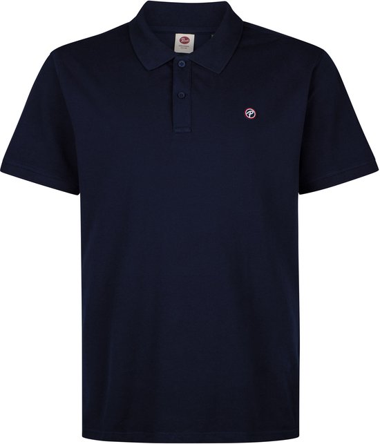 Donkerblauwe polo met korte mouwen, knoopjes, een merklogo op de borst en een label in de nek.