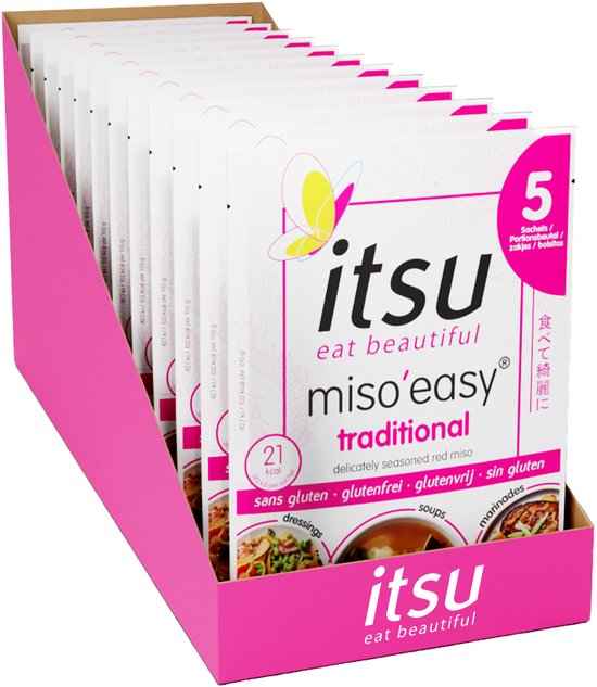 Itsu miso easy traditional sachets in display, 5 porties per verpakking