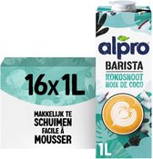 Alpro Barista kokosmelk verpakking met opgeschuimde koffie en kokosstukjes. 16x1L makkelijk te schuimen.