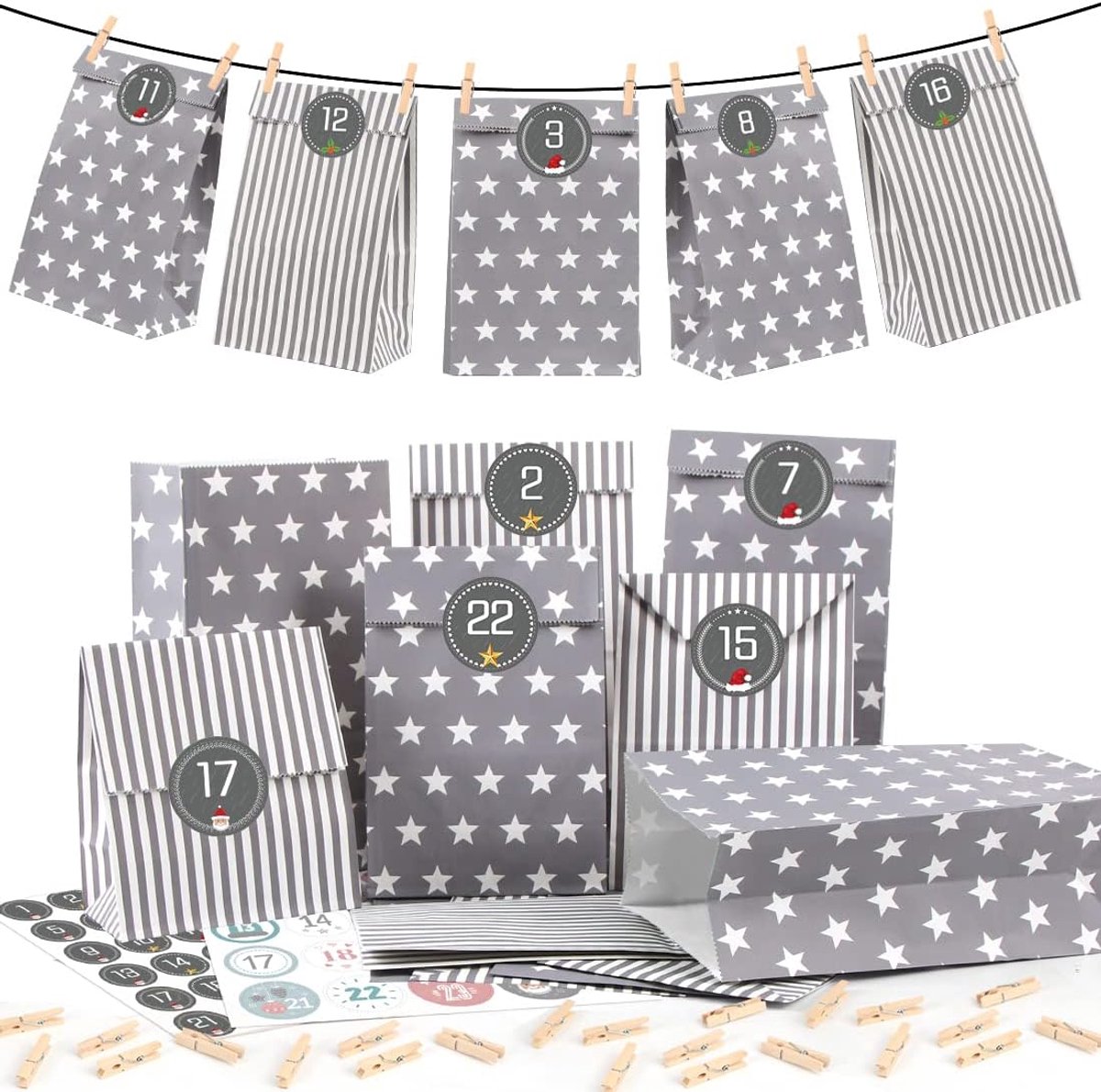 SnelShoppen - Adventskalender voor Vullen, Grijs, 25 Papieren Adventskalender Tassen met Nummer Stickers, DIY Kerstkalender voor Vullen, Cadeautassen