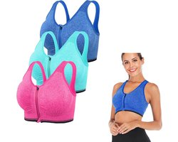 Sportbeha - 3 Stuks - Sport BH Met Rits - Sportbeha met voorsluiting - Maat XL - Shock absorber - Extra comfortabele Sport BH - Beha zonder beugel - Push-up & Ademend - Sport top - YOGA - Fitnesstraining - Dagelijkse outfit - blauw/roze/groente