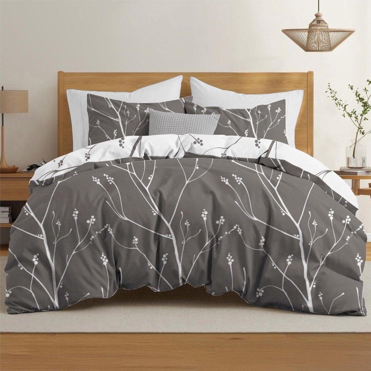 SnelShoppen - Duvet Cover 200x200 cm met 2 Kussenslopen 80x80 cm, Abstract Grijs Wit Patroon, Dubbel Bed Set met Rits, Oeko TEX Microvezel, Luxe Bedli