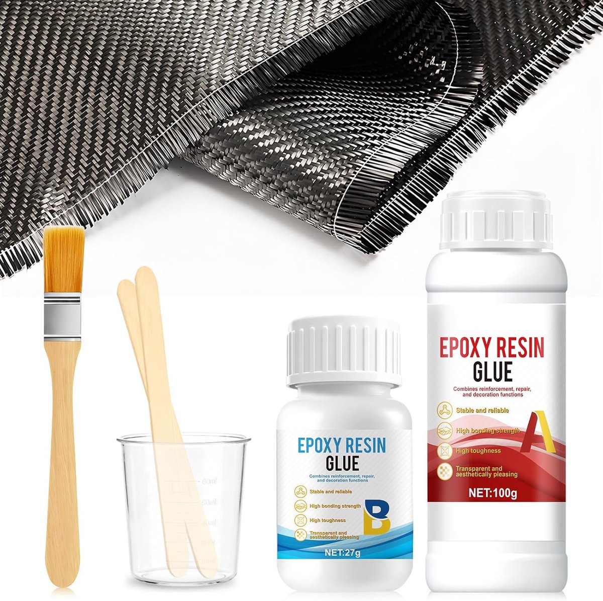 Thijox - Ultrasnelle Reparatieset van Koolstofvezel - Epoxy Reparatieset met Hars + Koolstofvezelweefsel 20 x 60 cm voor Auto's, Motorfietsen, Schepen