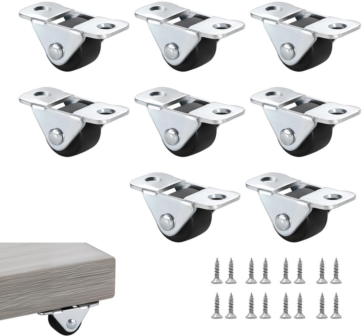 Set van 8 Kleine Rubber Wielen met Stalen Topplaat, Mini Stuurwielen voor Meubels, Vaste Metaalplaat, Ideaal voor Kleine Apparaten en Meubilair