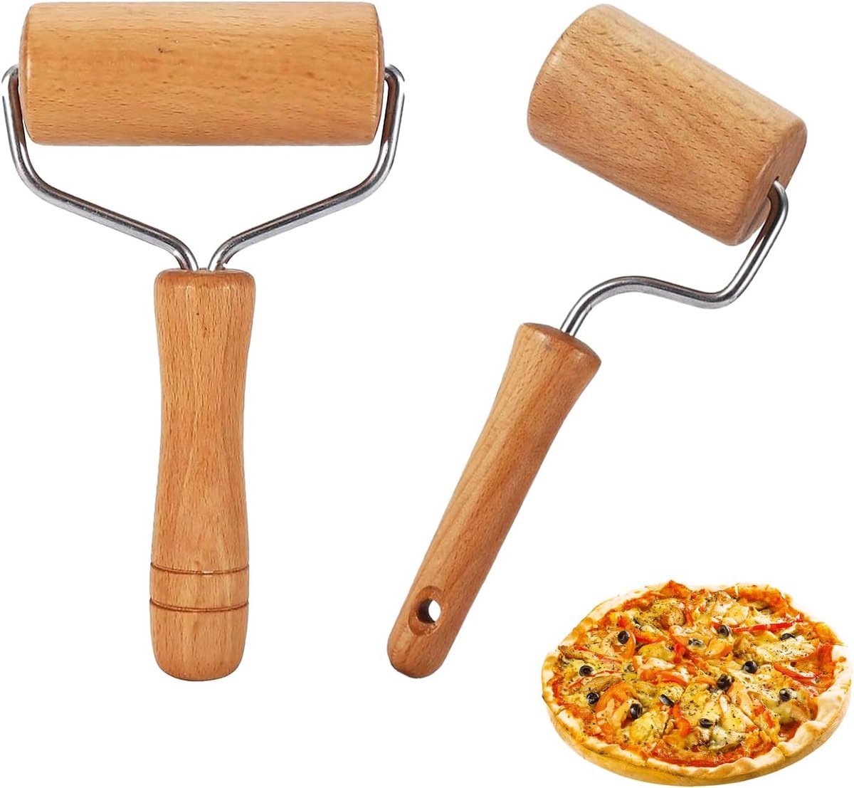 SnelShoppen - Set van 2 Kleine en Medium Houten Deegrollers met Handvat - RVS en Eikenhout - Perfect voor Bakken en Koken - Keuken Accessoire