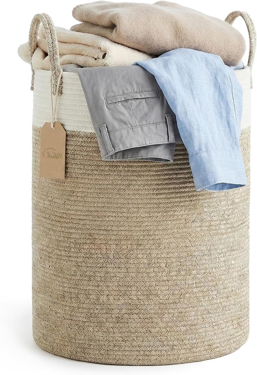 Ruime Wasmand van Touw, 58 Liter, 38 x 38 x 50 cm, Twee-Kleurig Ontwerp, Bruin en Wit, Ideaal voor Opbergen en Organiseren met Handvatten