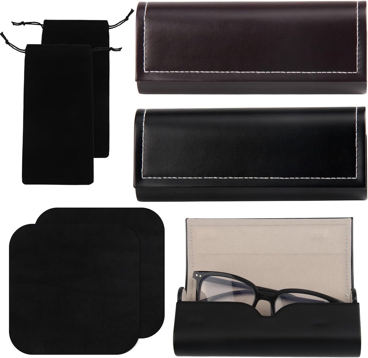 Set van 6 Draagbare Leren Brilhoezen in Zwart, Rood en Bruin met Schoonmaakdoekjes en Pouch voor Zonnebrillen, Leesbrillen en Sportbrillen