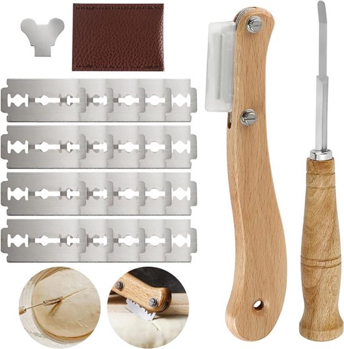 Set van 2 broodmessen - Broodmes van hout met 20 messen - Ideaal gebogen broodmes - Graveermes voor deeg - Accessoires voor het bakken van brood