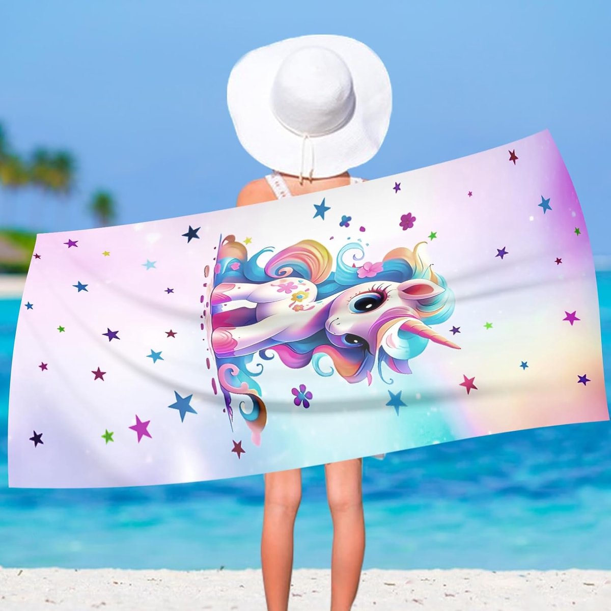 SnelShoppen - Unicorn Strandhanddoek 75 x 150 cm voor Meisjes, Kleurrijke Eenhoorn Handdoek van Microfiber, Perfect voor Strand, Zwemmen en Vakantie