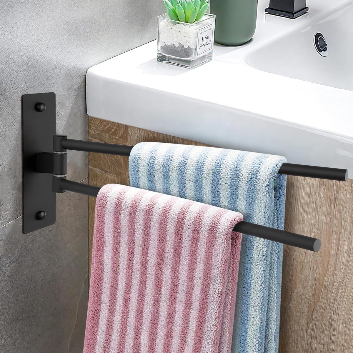 SnelShoppen - Towel holder zonder boren, mat zwart, 180° draaibaar, handdoekhouder, zelfklevend, 304 roestvrij staal, dubbele handdoekrail met 2 draai