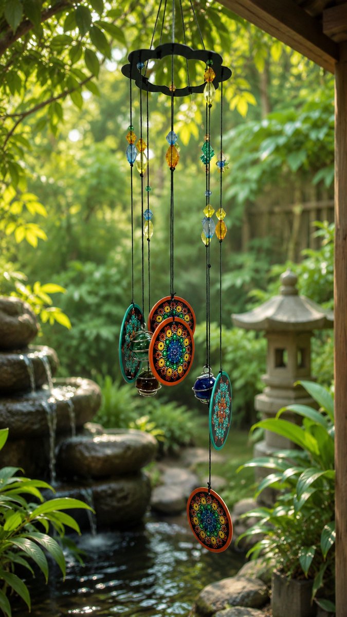 Nature’s Melody Mandala Metalen Windgong 17 inch – Decoratieve Wind Chime met Glazen Accenten – Tuin-, Balkon- en Wanddecoratie
