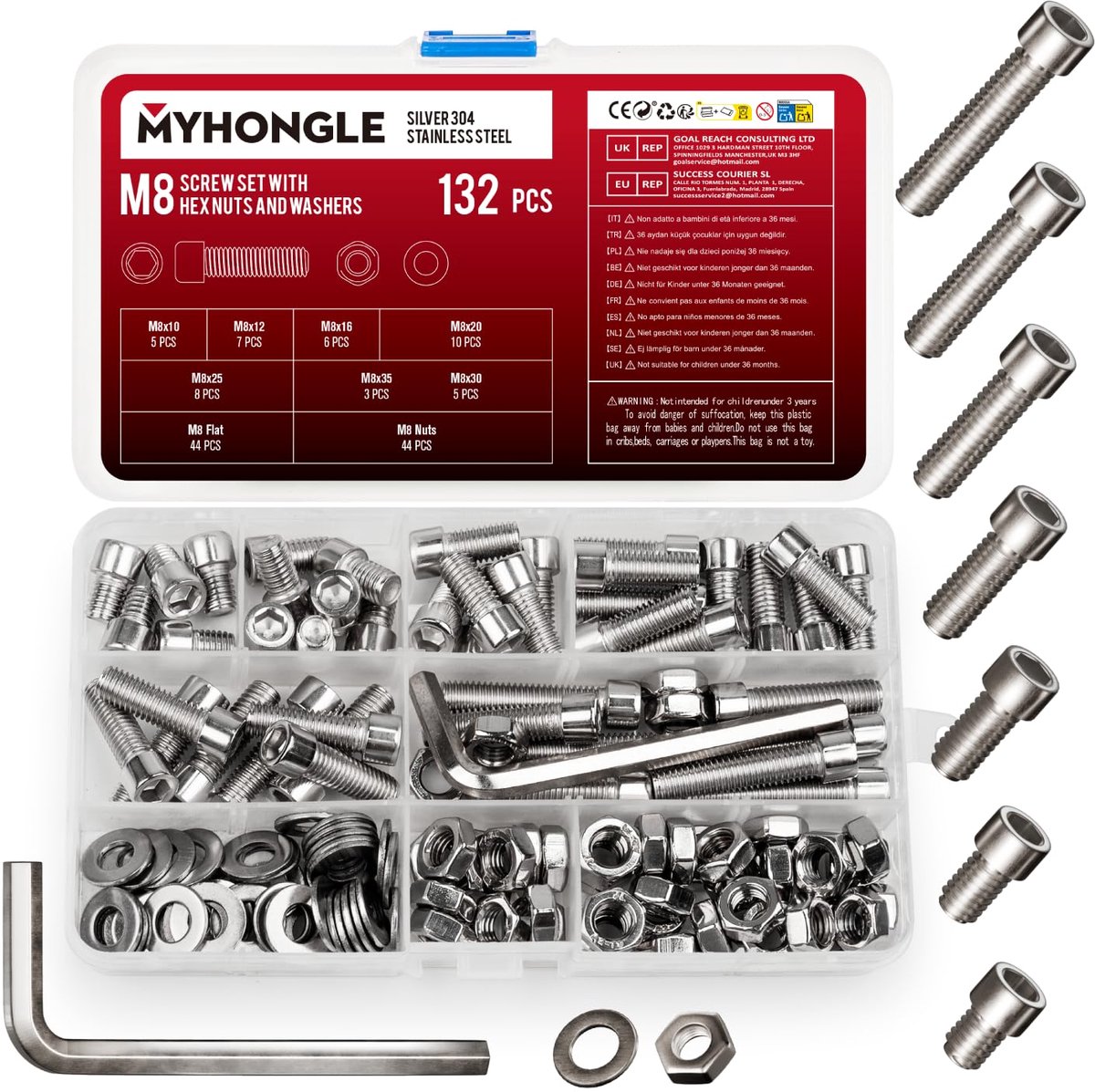 SnelShoppen - 132pcs M8 Schroeven Set, RVS Cilinderschroeven met Inbus, Moeren en Ringetjes, Hex Schroeven Assortiment voor Kluswerk en Constructie
