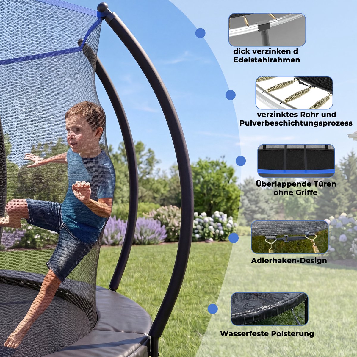 Trampoline Met Veiligheidsnet 228 x 228 x 201 cm - Met Ladder en 360 Graden Bescherming - Voor Buiten en Kinderen - Staal - Zwart Blauw