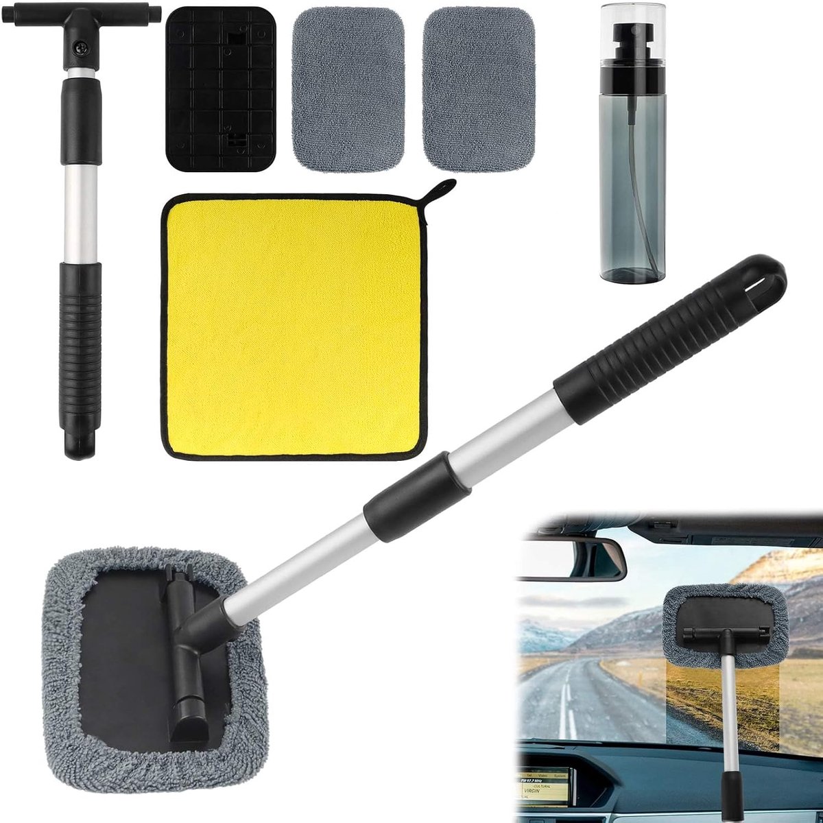 SnelShoppen - Interior Cleaner voor Auto Ramen - Microvezel Pads en Spray - Interieur Reinigingsgereedschap met Uittrekbare Handgreep - Grijs