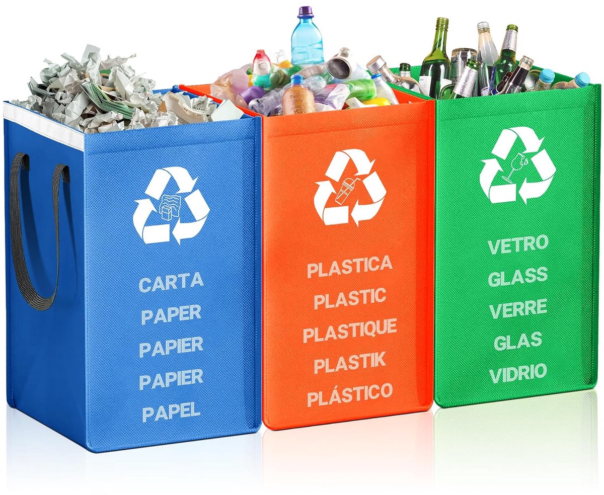 SnelShoppen - Afvalscheiding - 3 Containers voor Plastic, Glas en Papier - Huishoudelijke Keukenoplossing - 40 Liters - Robuuste Binnenbakken met Kleu