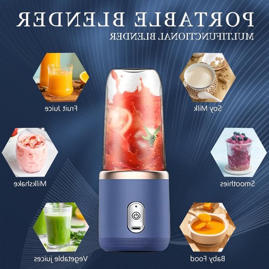 VHV Draagbare blender - smoothie blender to go voor shakes en vers fruit - 6 messen, USB oplaadbaar - Blauw - 19,5 x 8,5 x 8,5 cm - ABS voor thuis, werk en onderweg van VHV — afbeelding 2