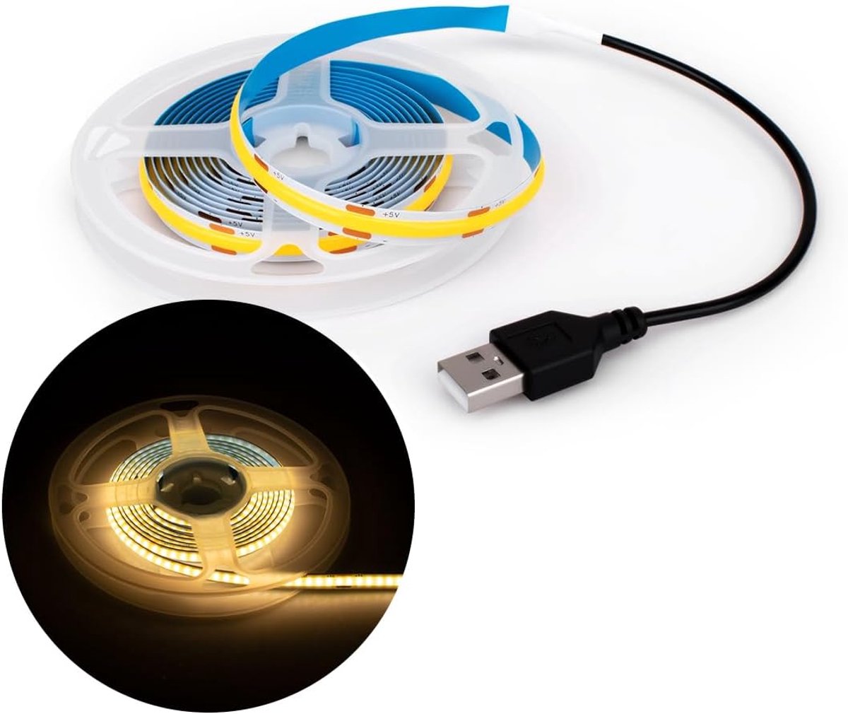 SnelShoppen - 1M COB LED Lichtstrip 8mm Breed 5V 3000K Warmwit met USB Aansluiting - Flexibele en Snijdbare LED Strip voor Feest, Keuken, Tuin, Campin