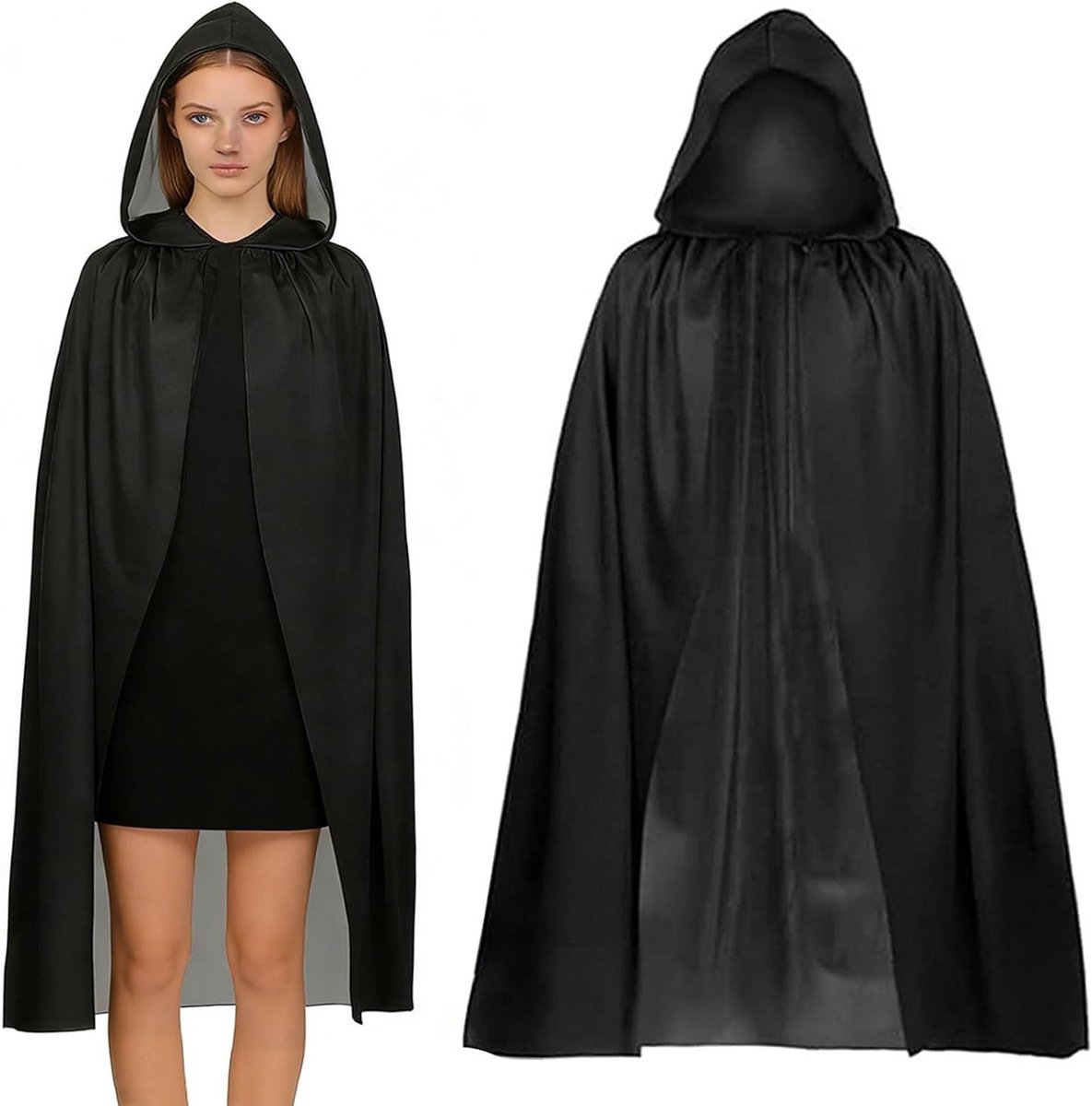 Halloween Kostuum Set met 140 cm Zwarte Cape en Kap, Inclusief 20 Halloween Tattoo Stickers voor Vampier, Feest, Cosplay en Decoratie
